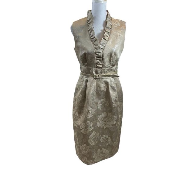 Eliza J Champagne Color Floral Brocade Ruffle Neckline Sleeveless Dress Medium - Picture 2 of 13